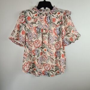Ann Taylor Loft Floral Ruffle Neck Balloon Sleeve Top Blouse Small Cream Pink